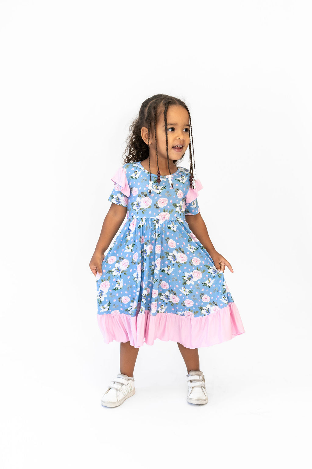 Lillian Floral Bamboo Knee-Length Ruffle Spin Dress