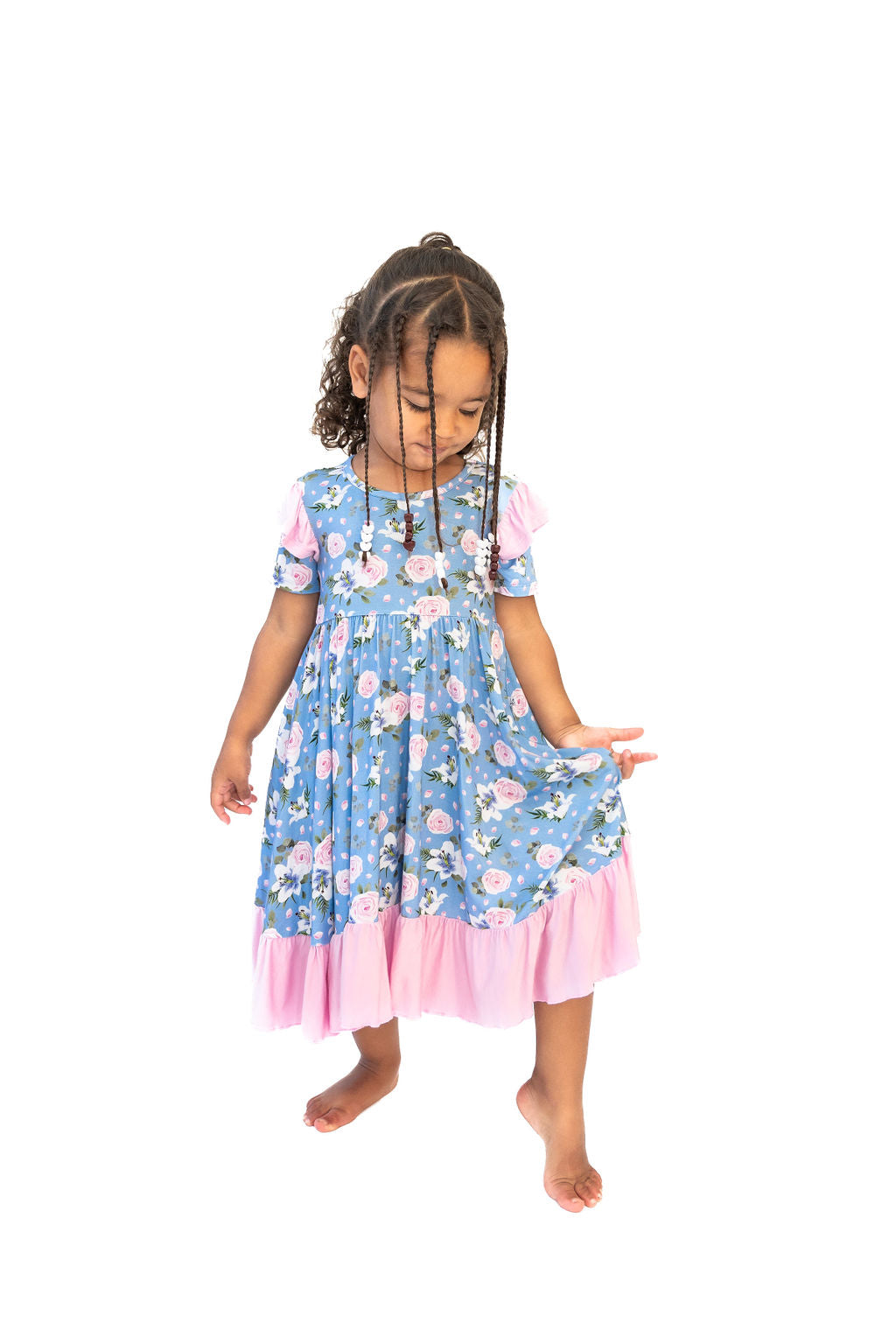Lillian Floral Bamboo Knee-Length Ruffle Spin Dress