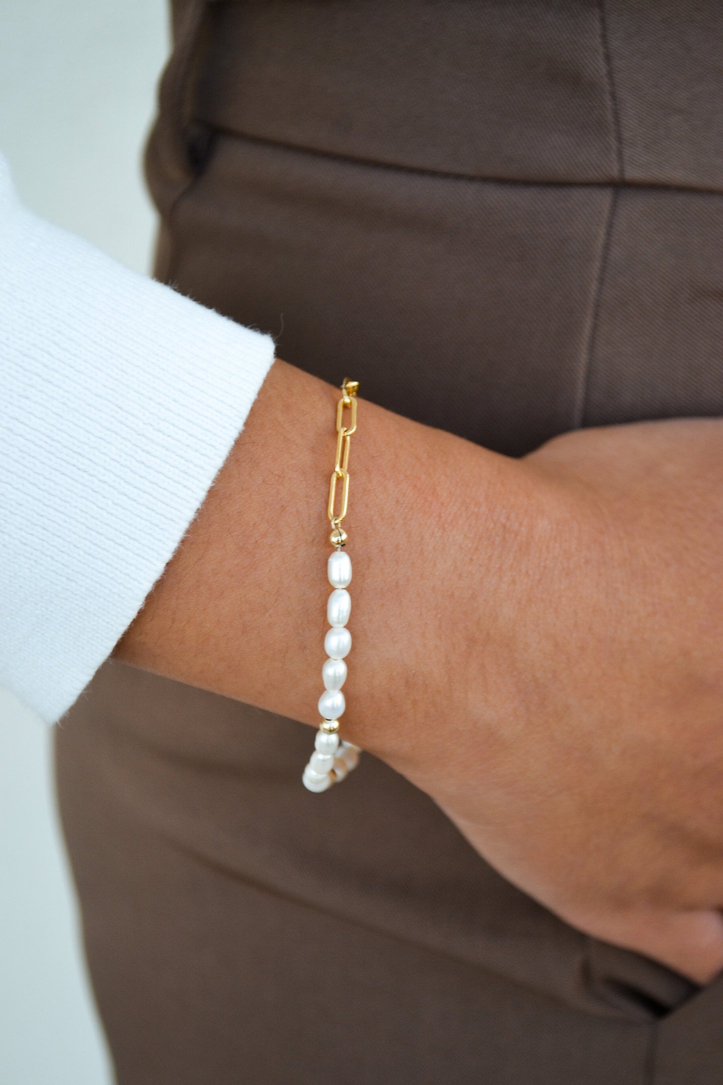 14k Gold Filled Paperclip Chain Freshwater Pearl Bracelet Simone