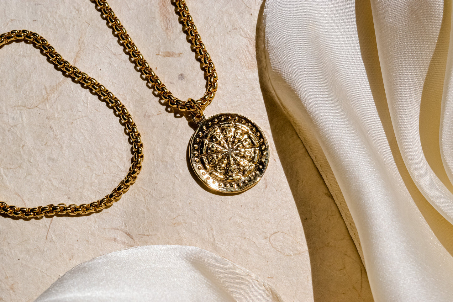 Solana 24k Gold Rope Chain Necklace with Wheel of Life Pendant
