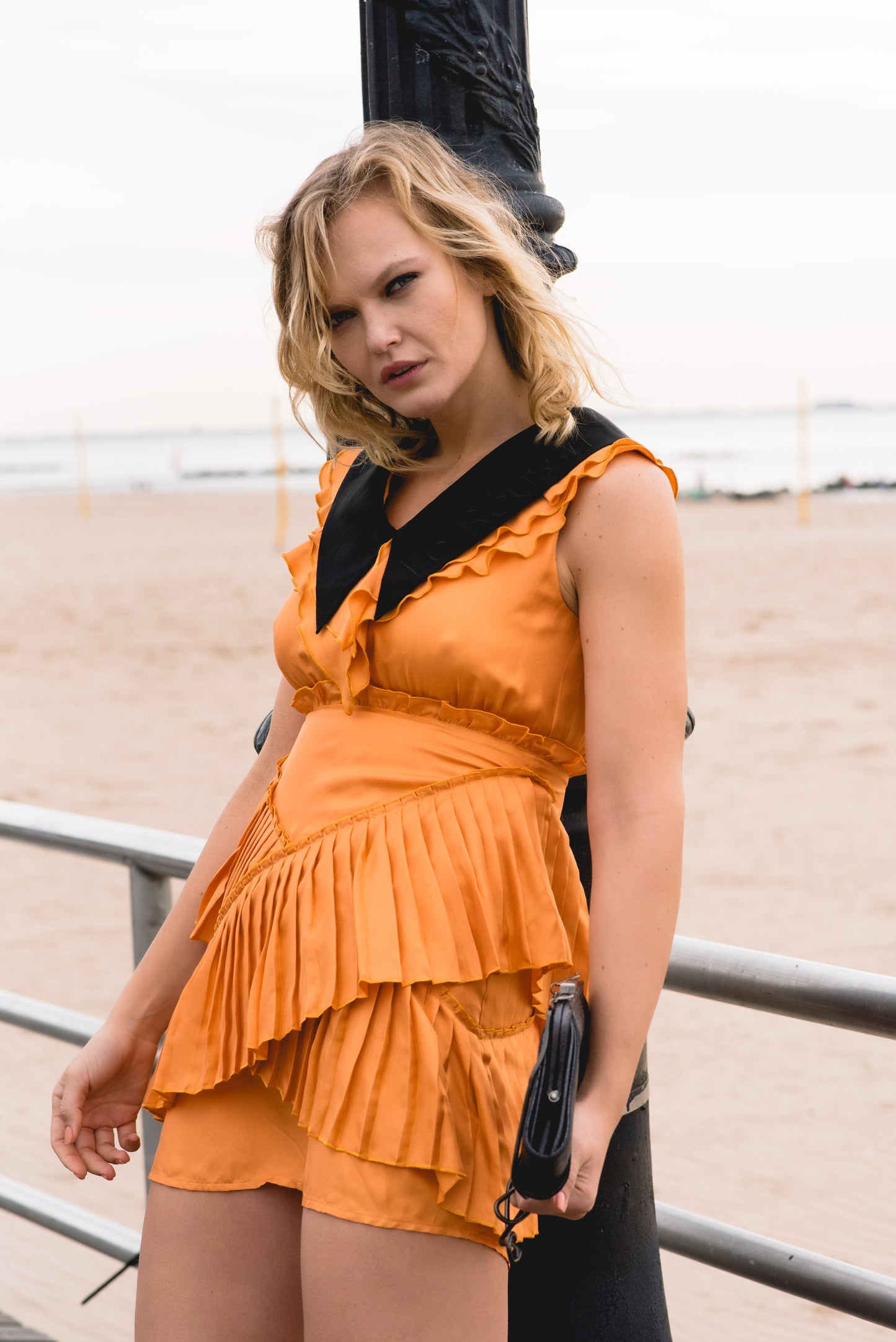 Mini Silk Dress Orange V-Neck Sleeveless Camille Le Reussi