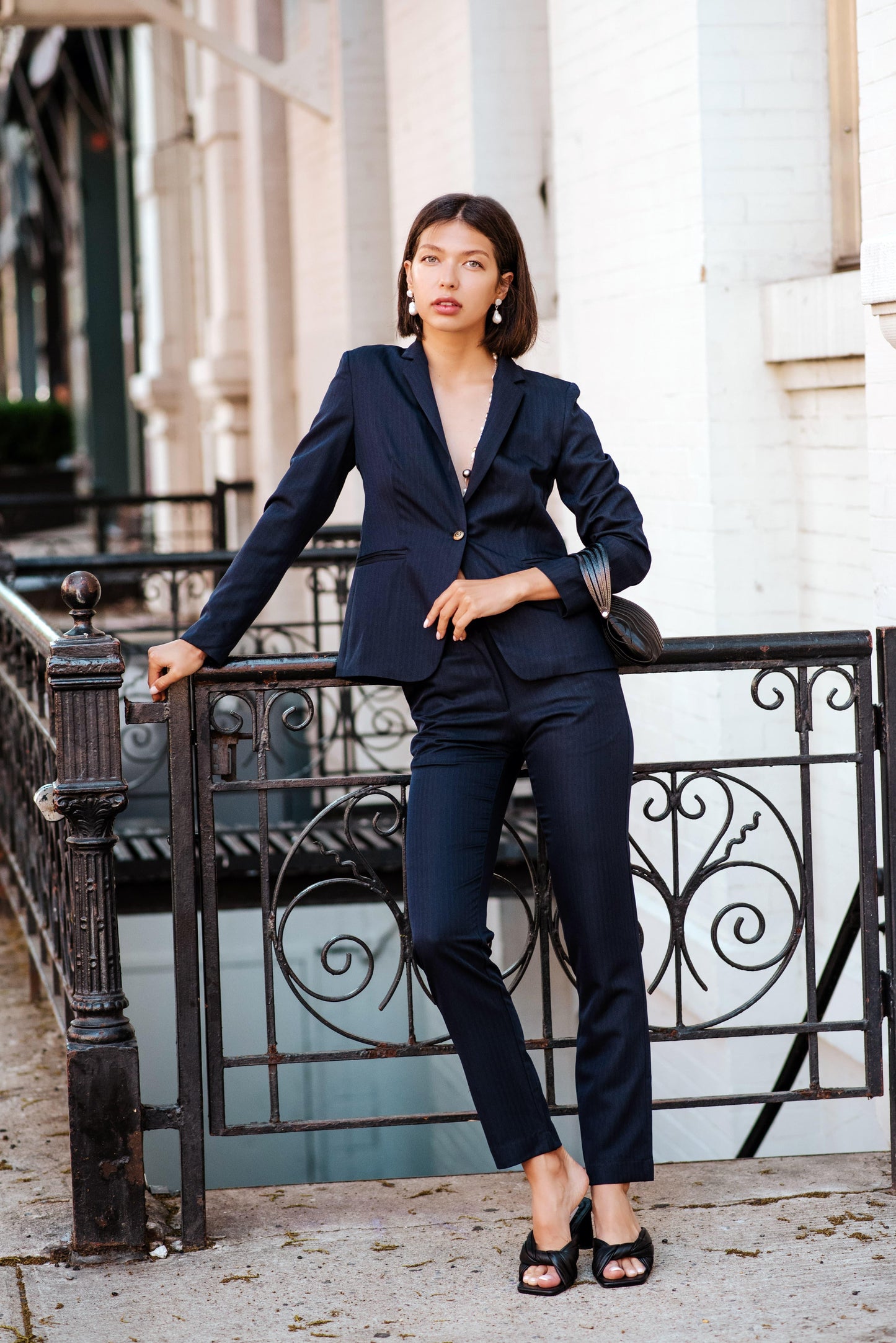 Navy Peak-Lapels Single-Breasted Wool Blazer Women’s Tailored Jacket