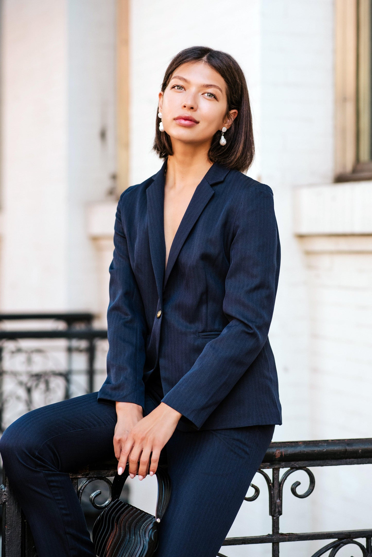 Navy Peak-Lapels Single-Breasted Wool Blazer Women’s Tailored Jacket