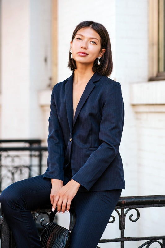 Navy Peak-Lapels Single-Breasted Wool Blazer Women’s Tailored Jacket