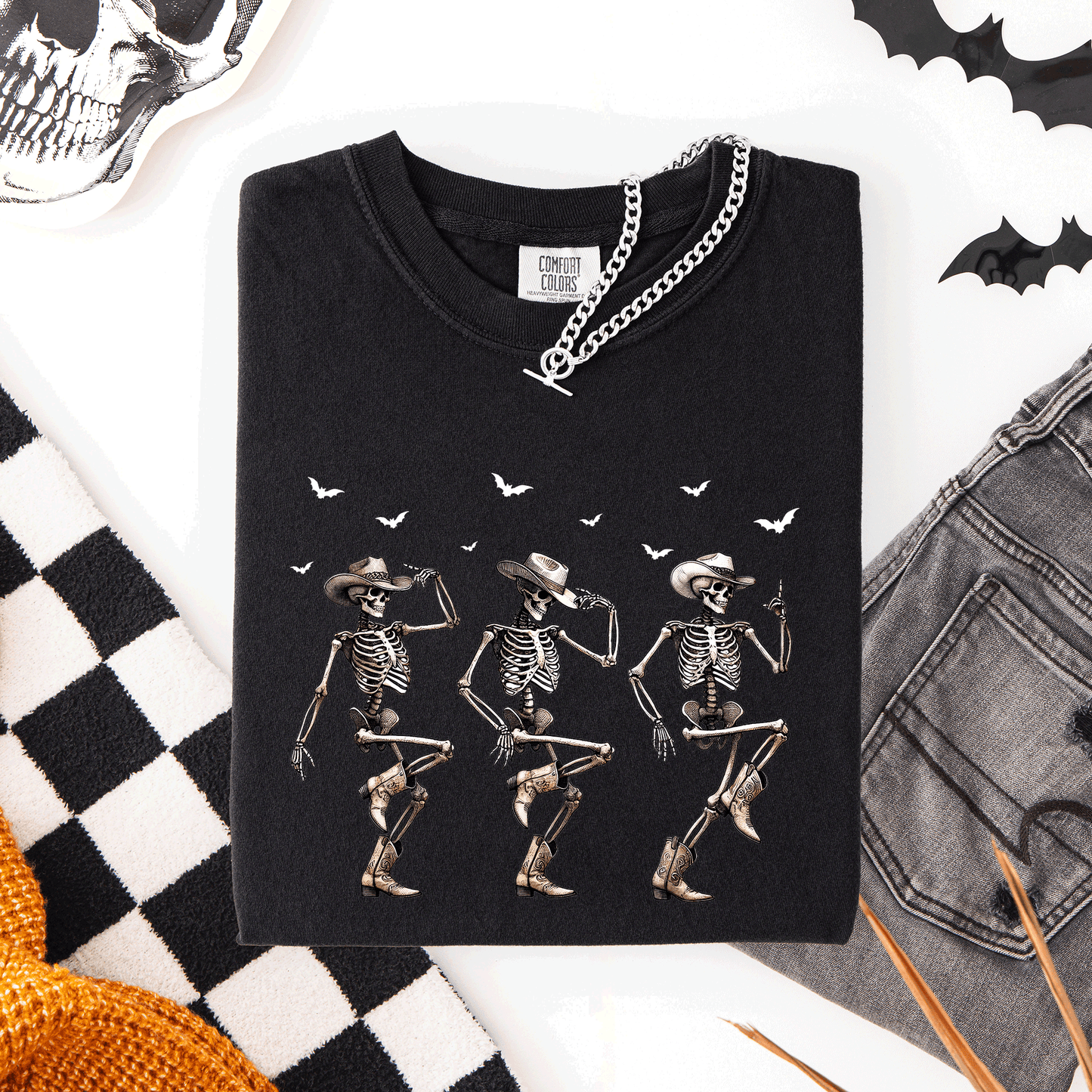 Dancing Cowboy Skeletons Halloween Bats Comfort Colors T-Shirt Refinery Number One