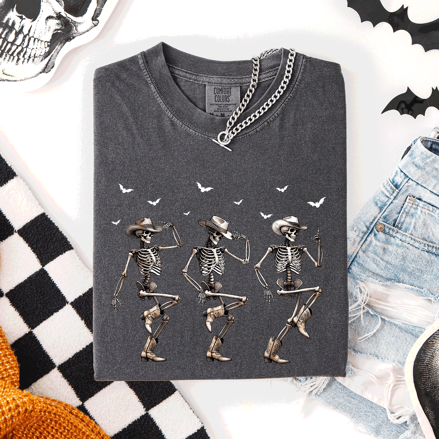 Dancing Cowboy Skeletons Halloween Bats Comfort Colors T-Shirt Refinery Number One