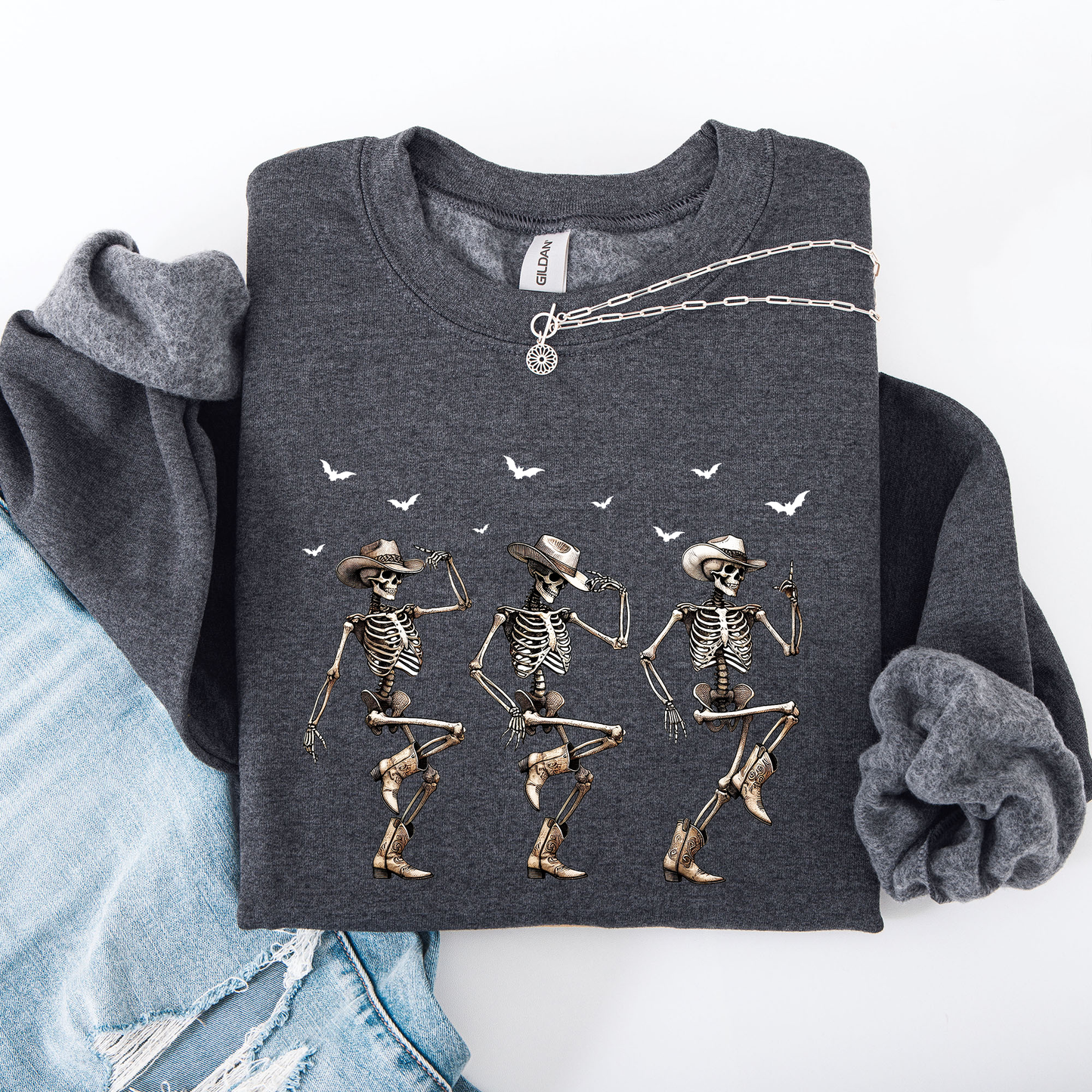 Dancing Cowboy Skeletons Halloween Bats Sweatshirt Refinery Number One