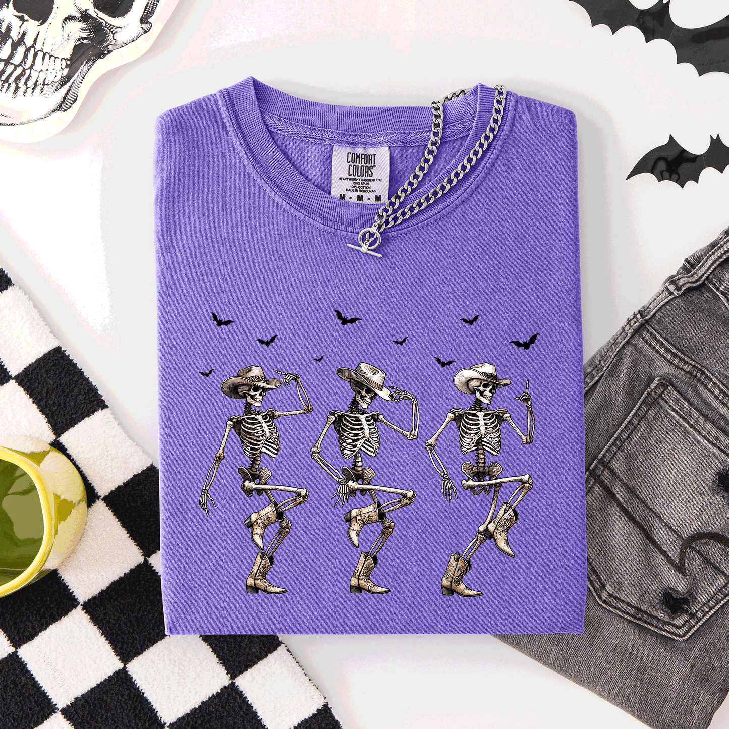 Dancing Cowboy Skeletons Halloween Bats Comfort Colors T-Shirt Refinery Number One
