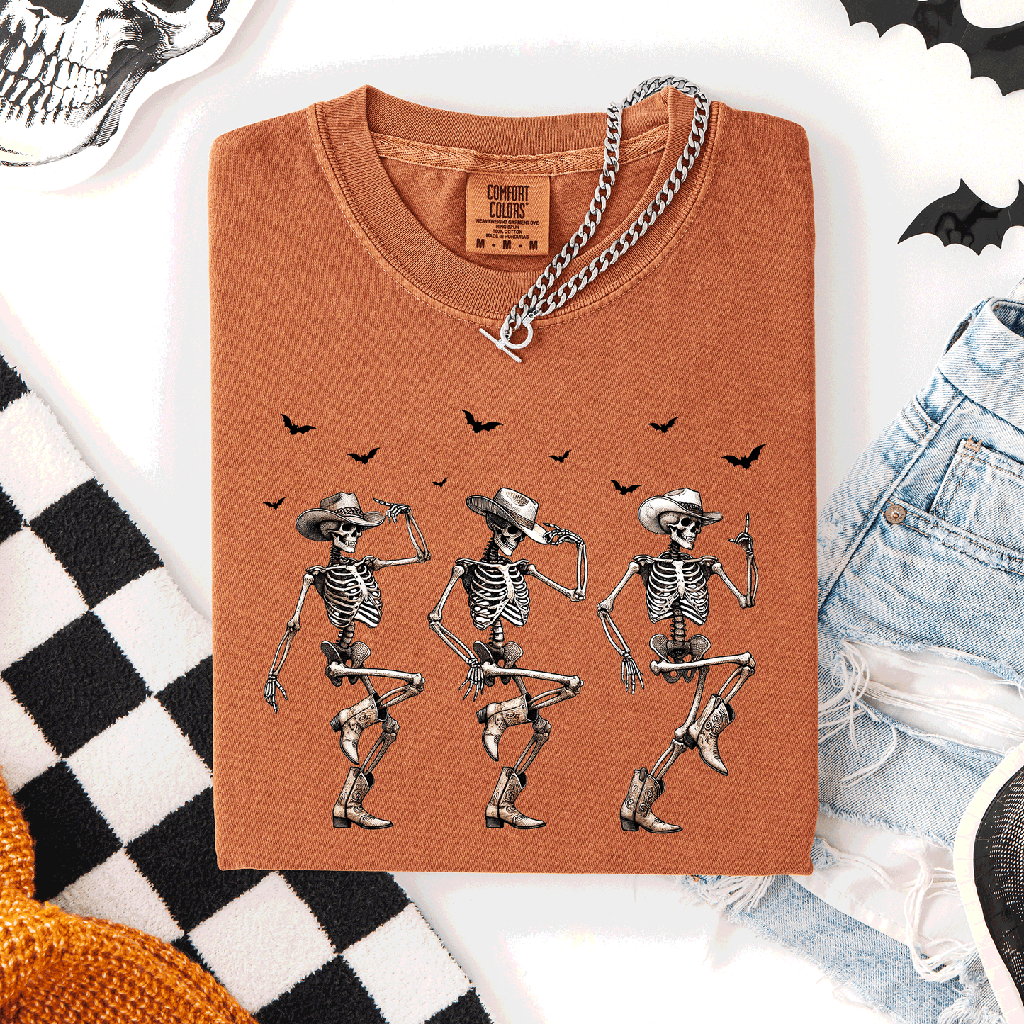 Dancing Cowboy Skeletons Halloween Bats Comfort Colors T-Shirt Refinery Number One