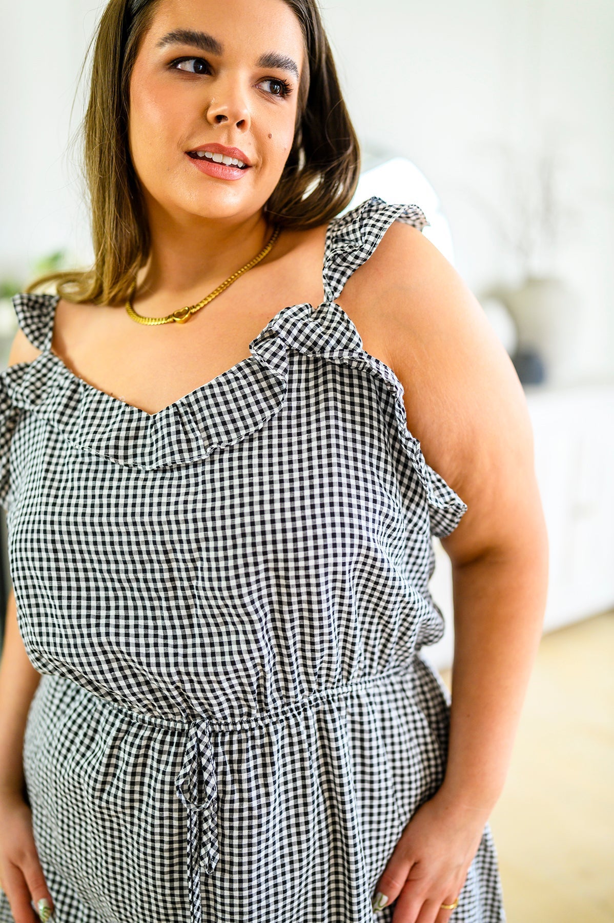 Gingham Lightweight Dress Elastic Waist Day Date