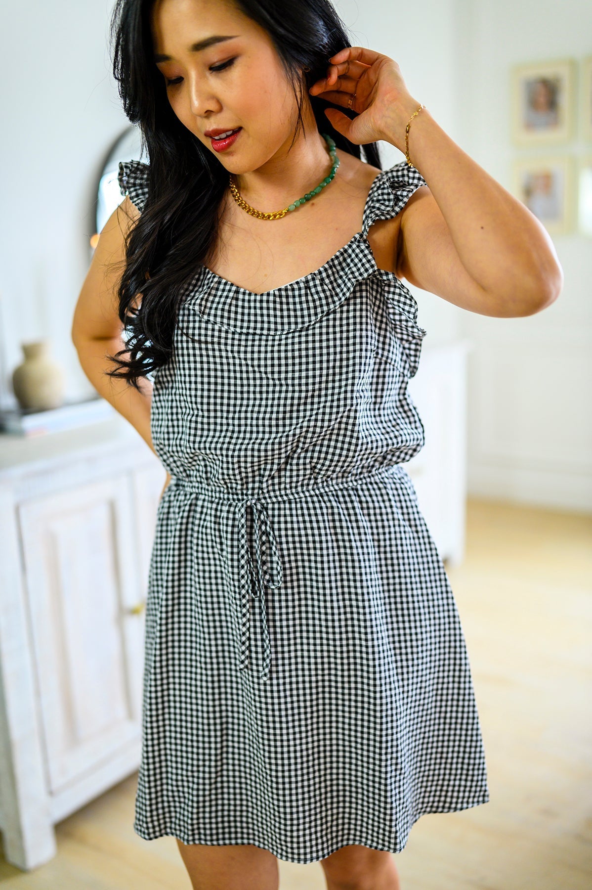Gingham Lightweight Dress Elastic Waist Day Date