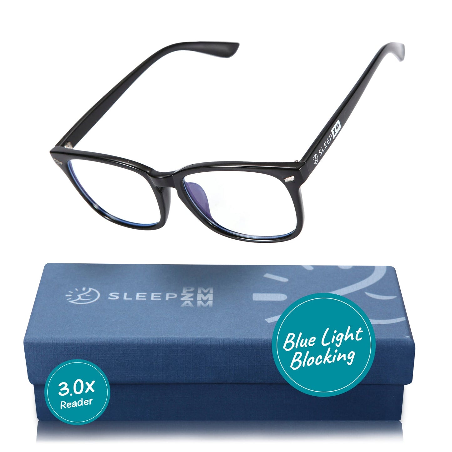 Blue Light 3.0x Reading Glasses Wayfarer Black Sleep ZM