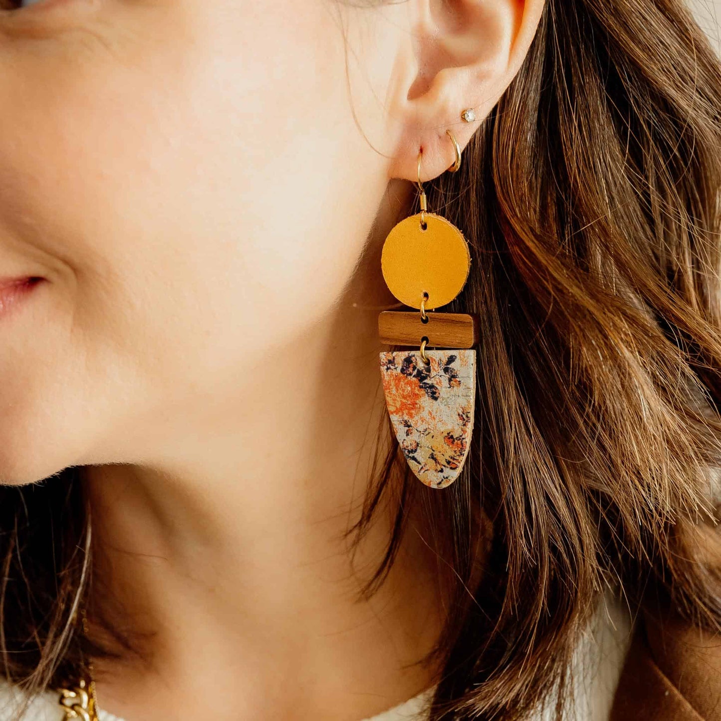 Vintage Floral Leather Wood Earrings Delia Piper