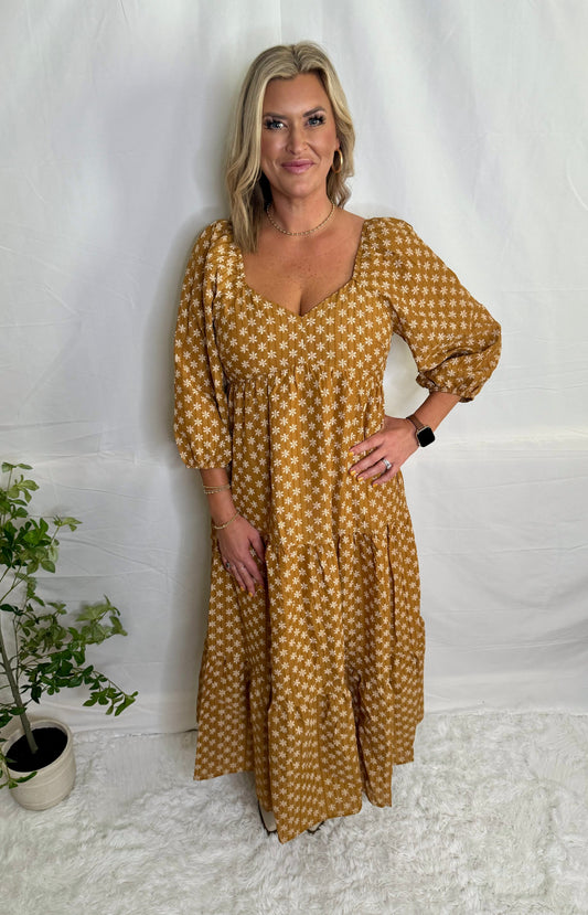 Mustard Daisy Flower Print Maxi Dress Sweet Jude