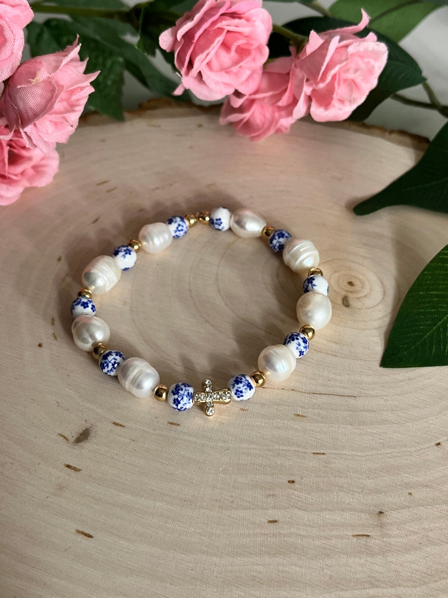 Floral Pearl Cross Bracelet Christian Jewelry for Women Saved By Christ Design