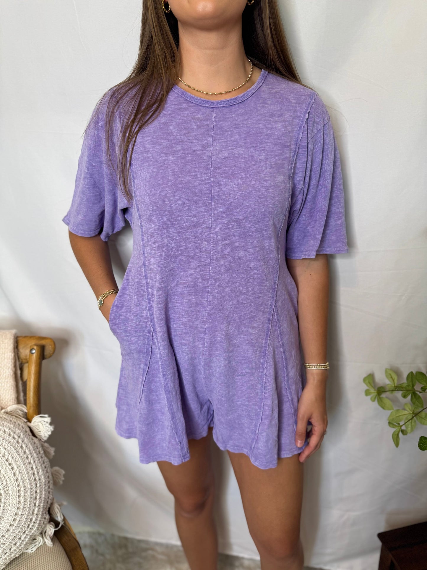 Mineral Washed Oversized Knit Comfy Romper Lavender