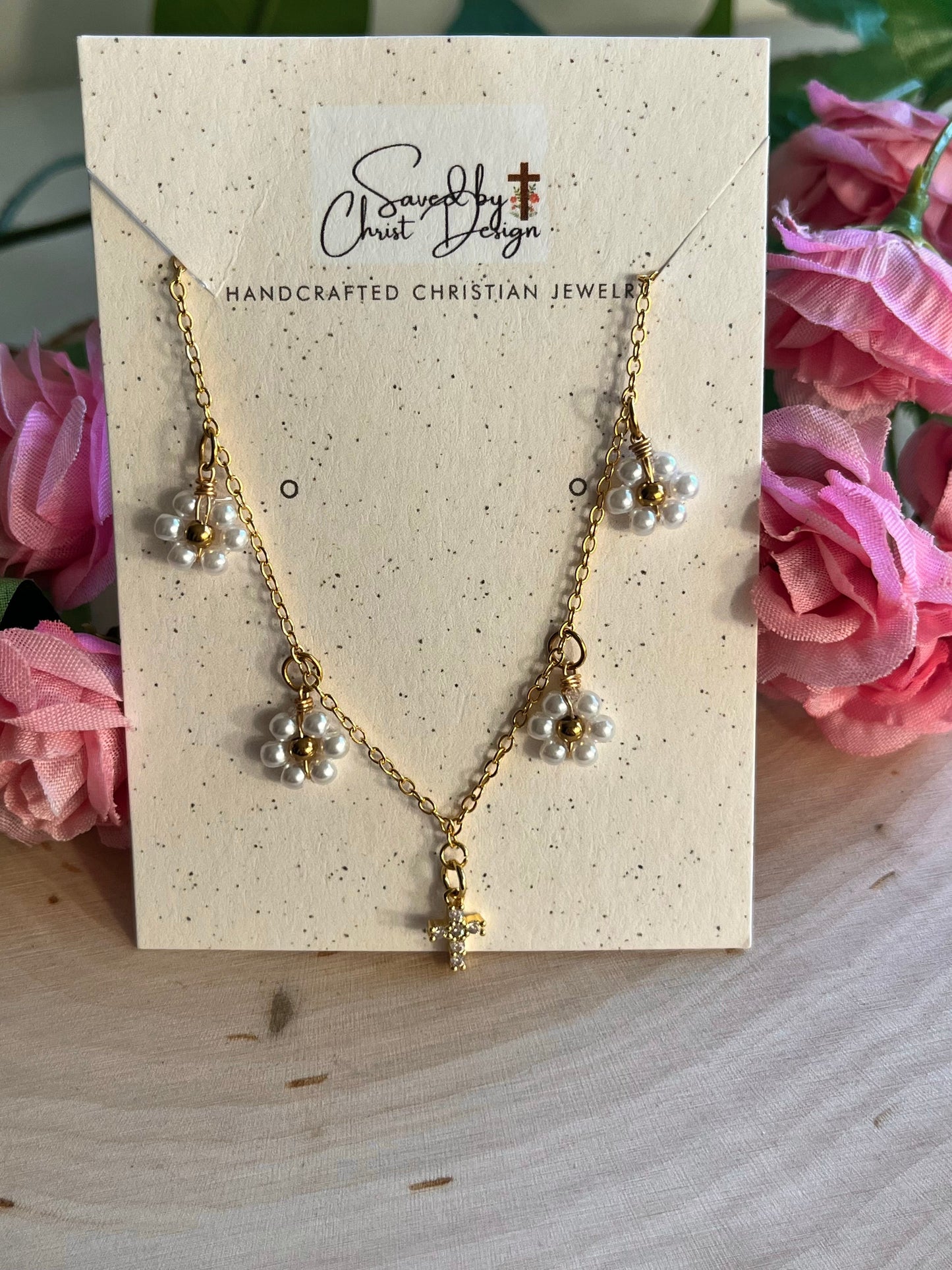 Gold Necklace – 16K Faith Pendant with Daisies and Cross