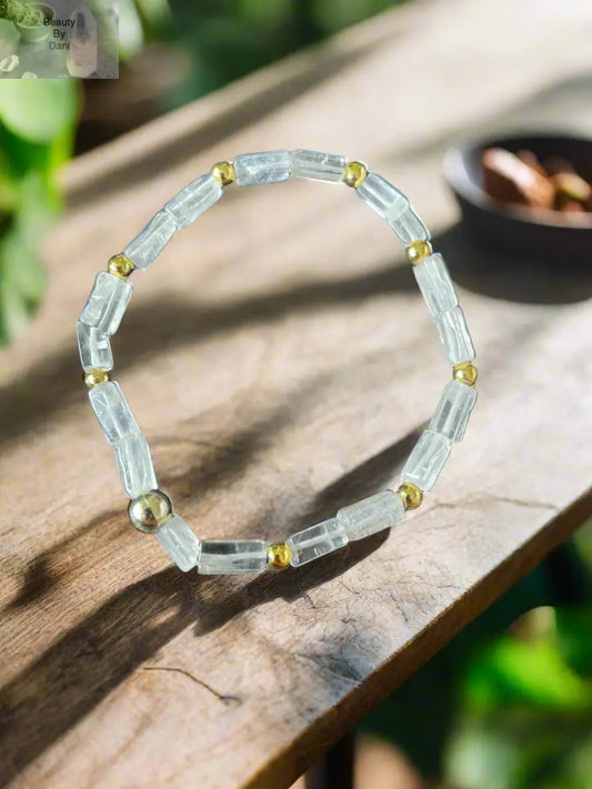 Crystal Quartz 8mm Rectangle Beads Stretch Bracelet Gold Tone Accents