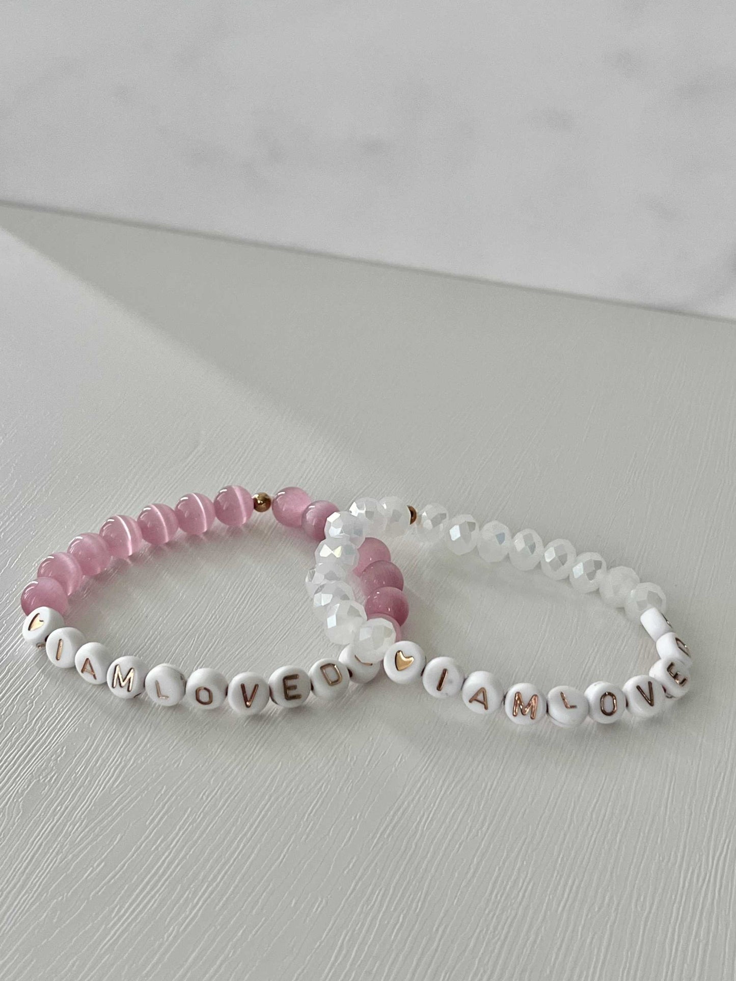 Pink Opal and White Bead I Am Loved Bracelet Christian Jewelry