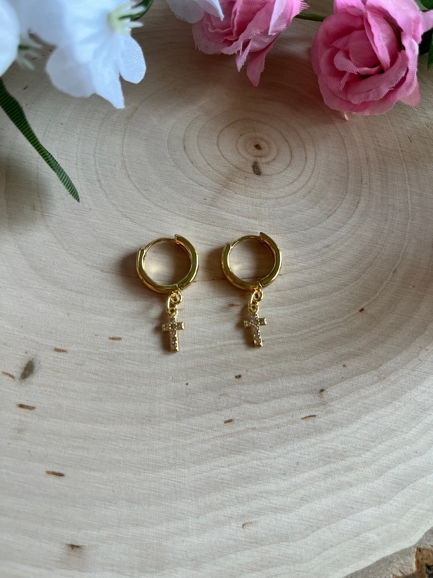 Gold Cross 18K Huggie Earrings Christian Jewelry