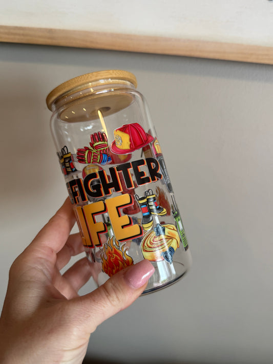 Firefighter Life 16oz Glass Cup Sawdust and Cedar