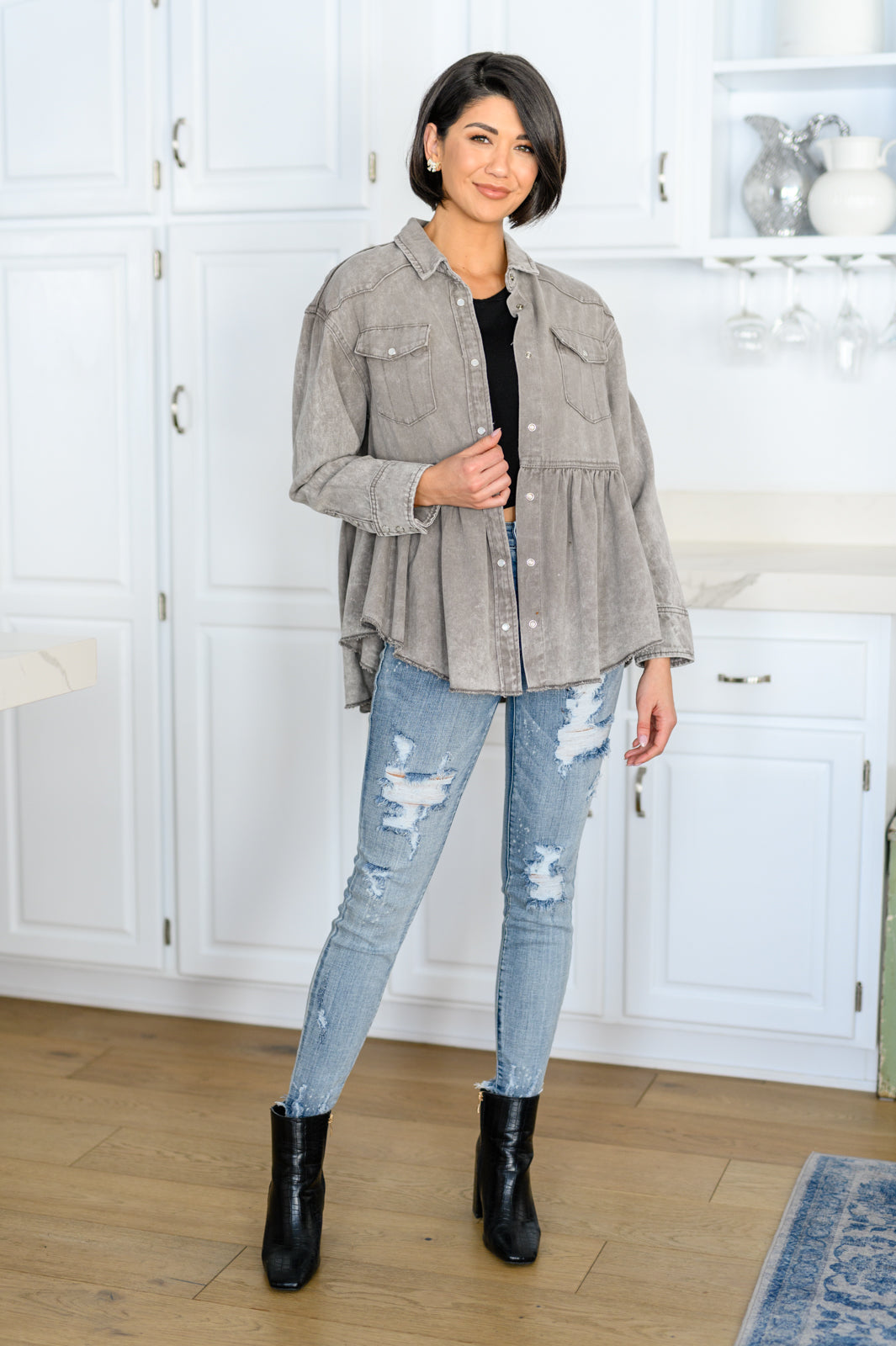 Earl Grey Washed Chambray Button Up Long Sleeve Top
