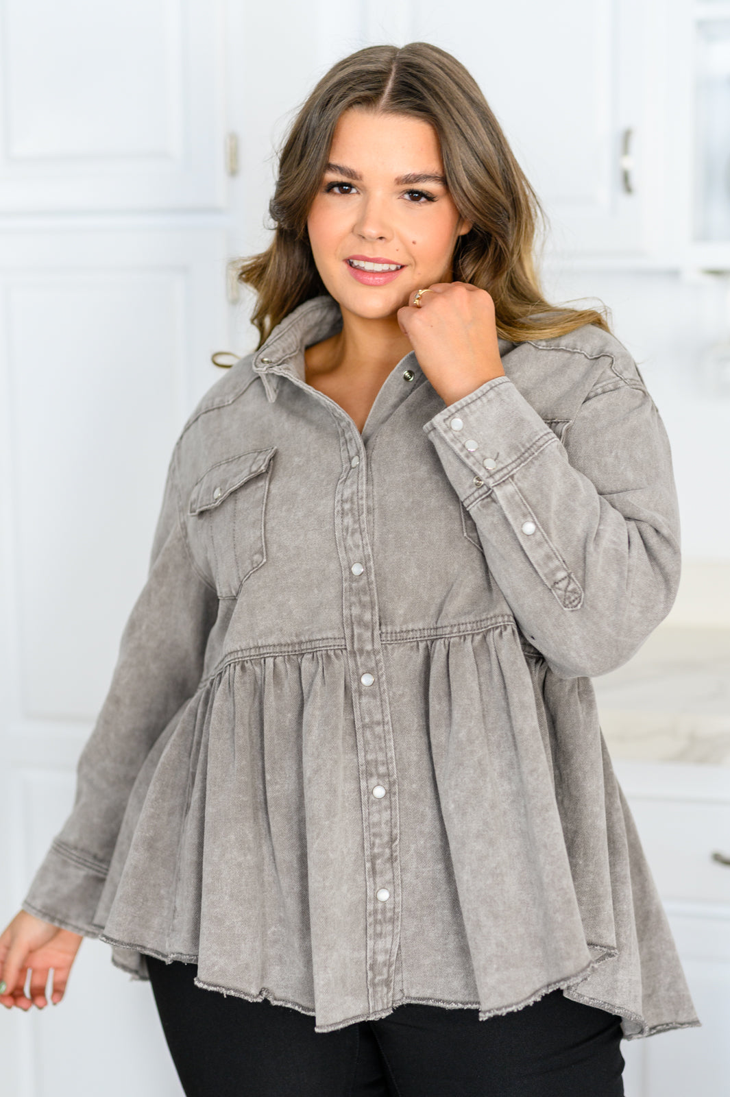 Earl Grey Washed Chambray Button Up Long Sleeve Top