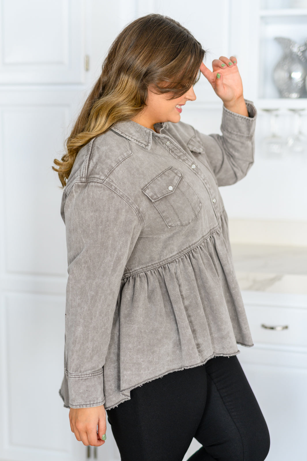 Earl Grey Washed Chambray Button Up Long Sleeve Top