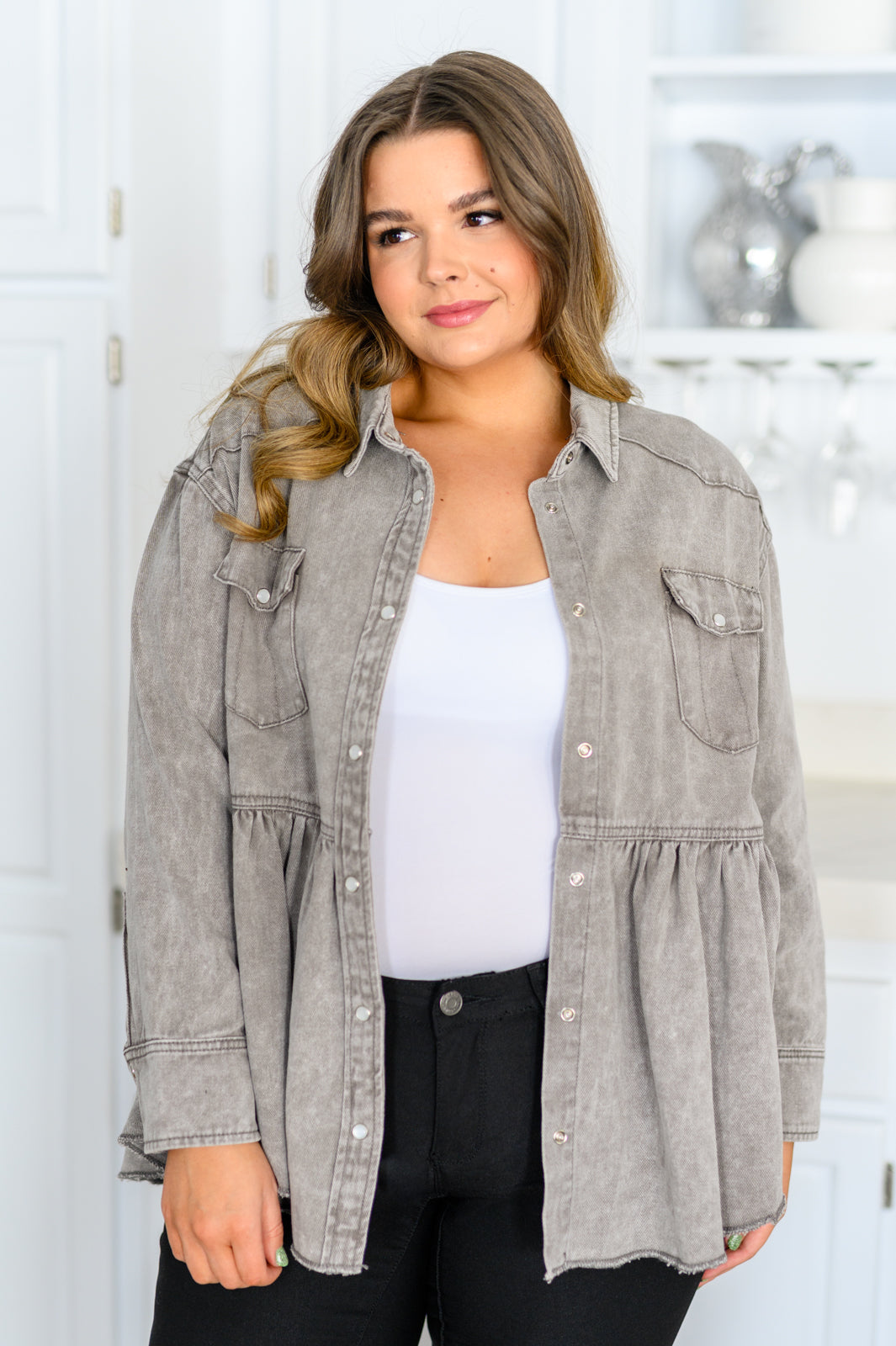 Earl Grey Washed Chambray Button Up Long Sleeve Top