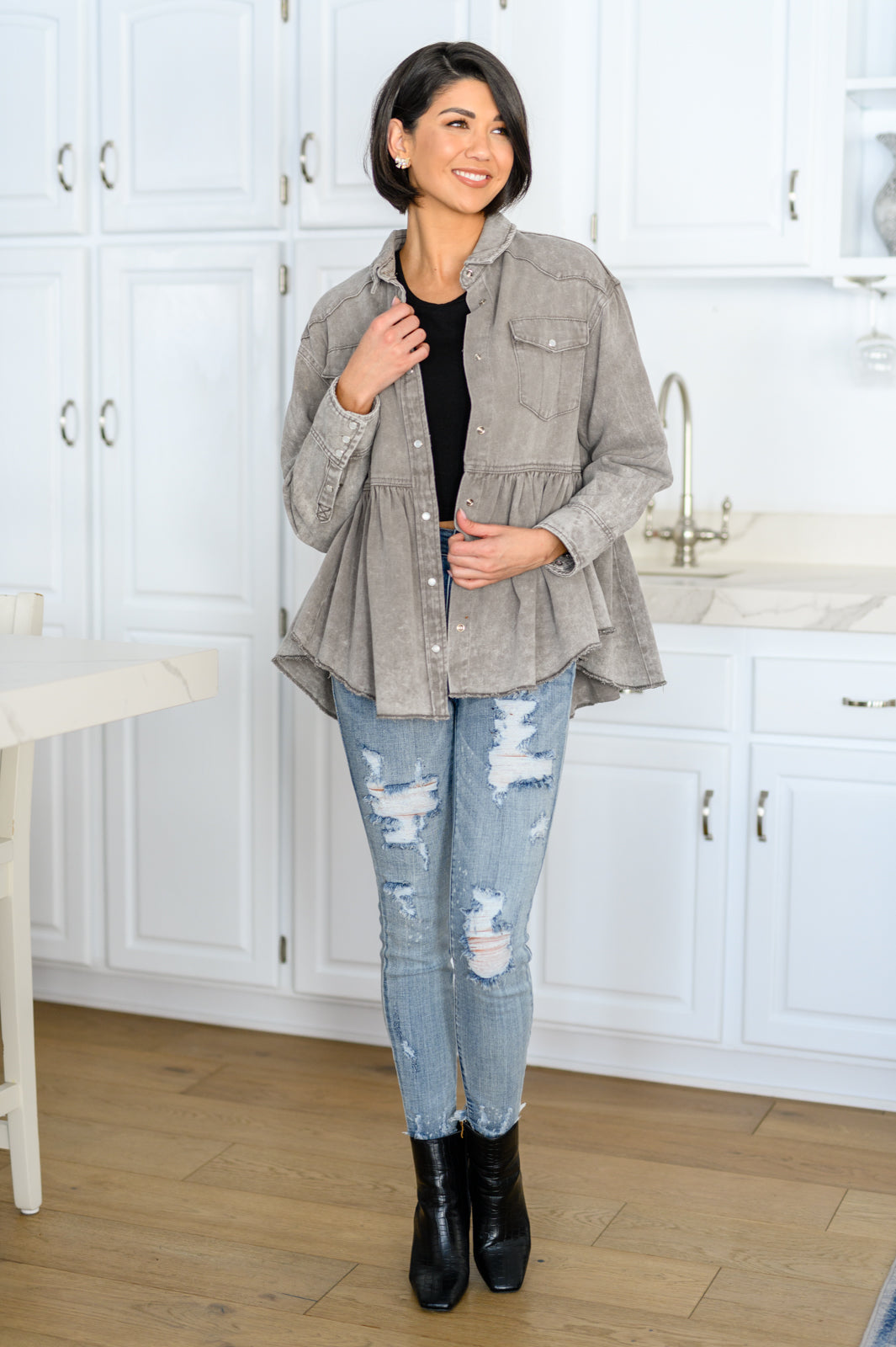 Earl Grey Washed Chambray Button Up Long Sleeve Top