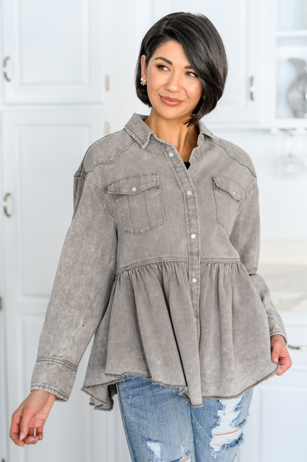 Earl Grey Washed Chambray Button Up Long Sleeve Top