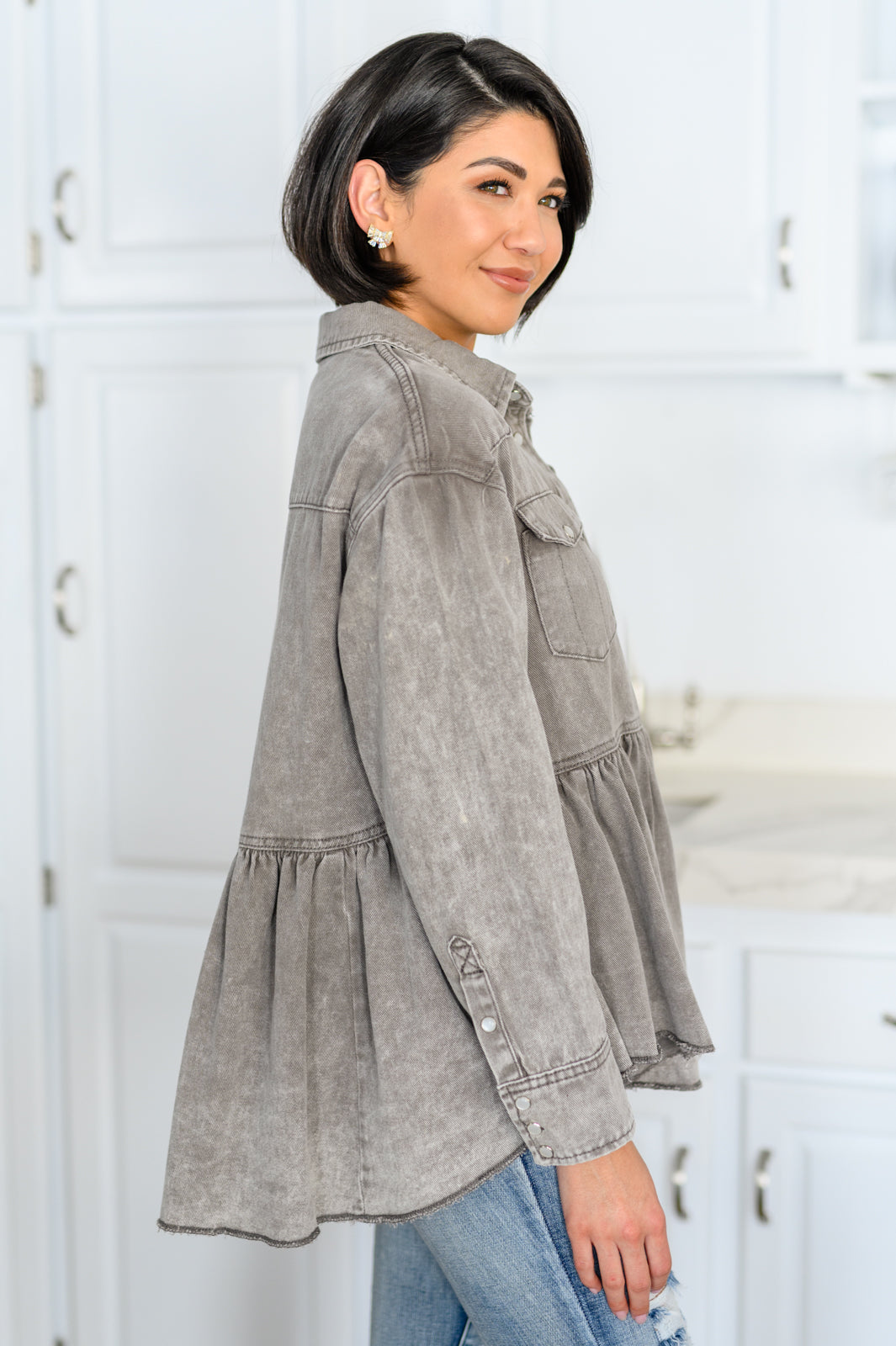 Earl Grey Washed Chambray Button Up Long Sleeve Top
