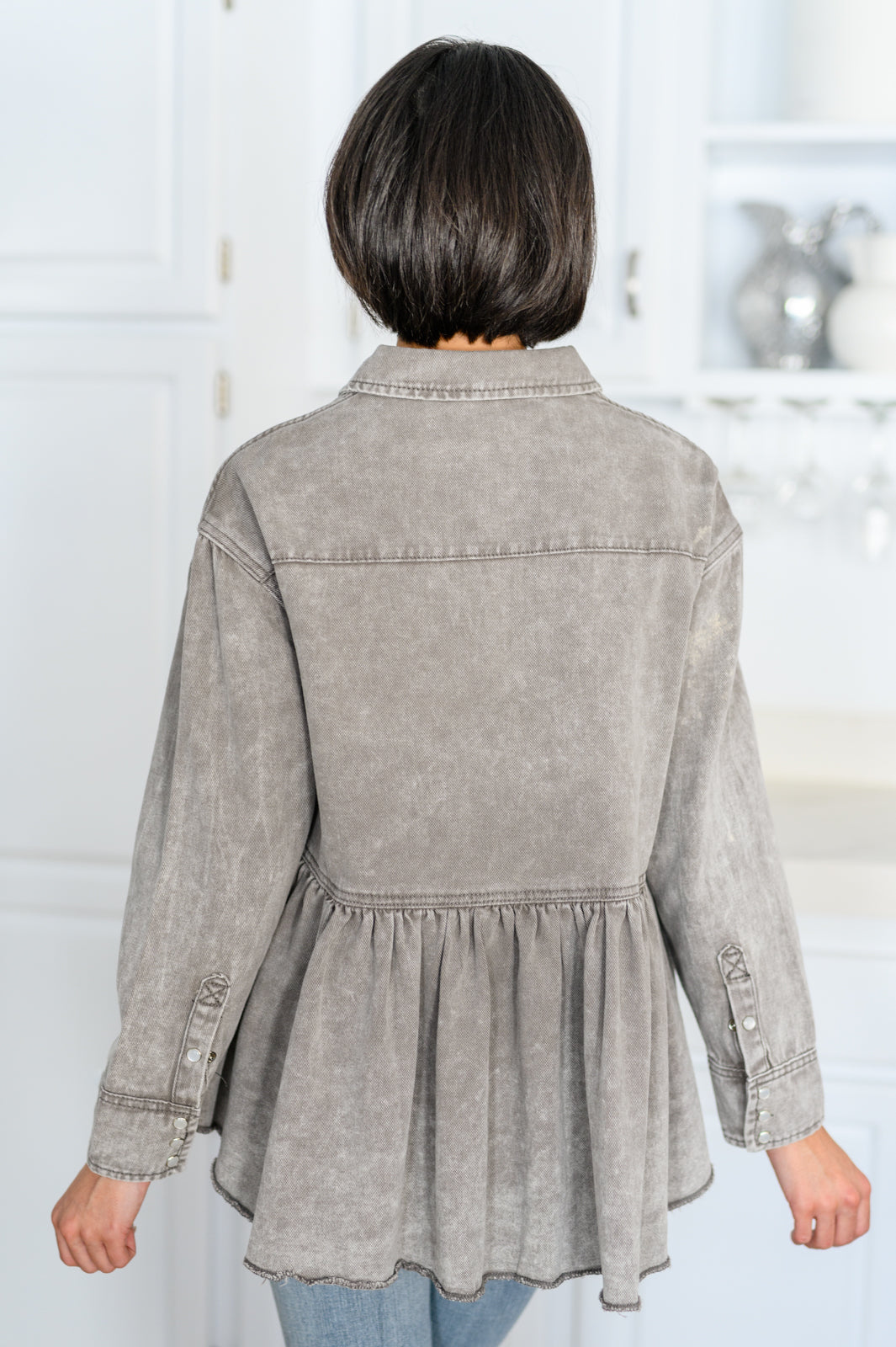 Earl Grey Washed Chambray Button Up Long Sleeve Top