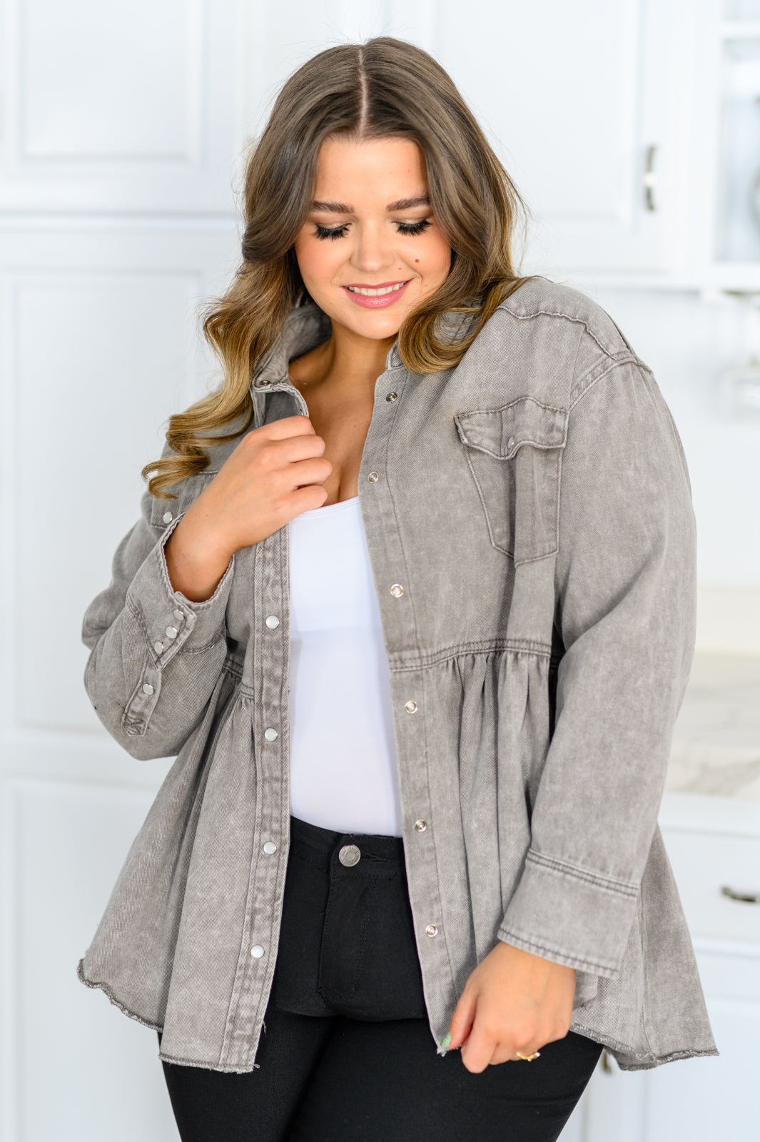 Earl Grey Washed Chambray Button Up Long Sleeve Top