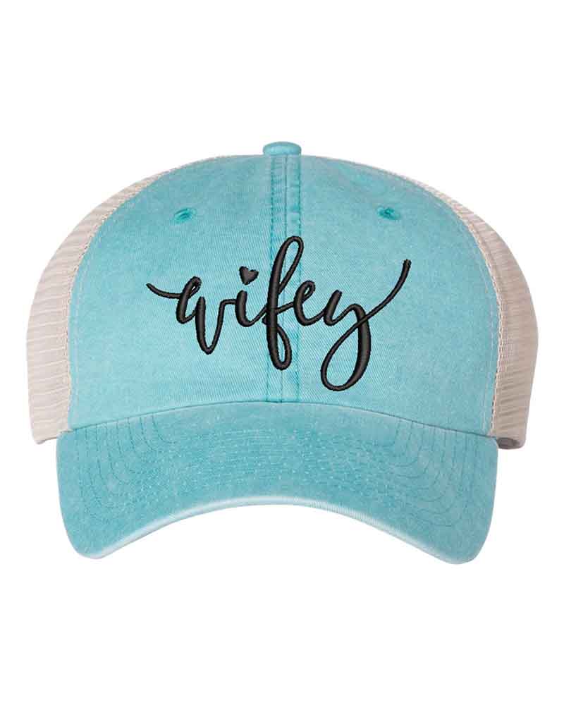 Embroidered Pigment-Dyed Trucker Hat Wifey Hubby Anniversary Gift Cap