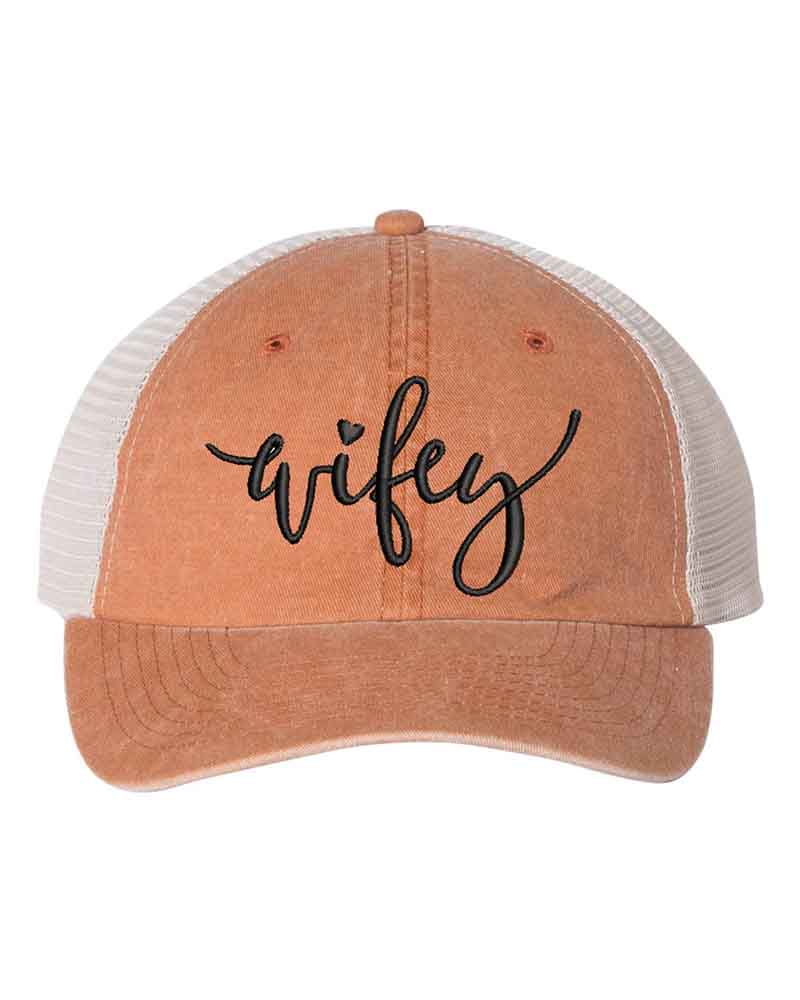 Embroidered Pigment-Dyed Trucker Hat Wifey Hubby Anniversary Gift Cap