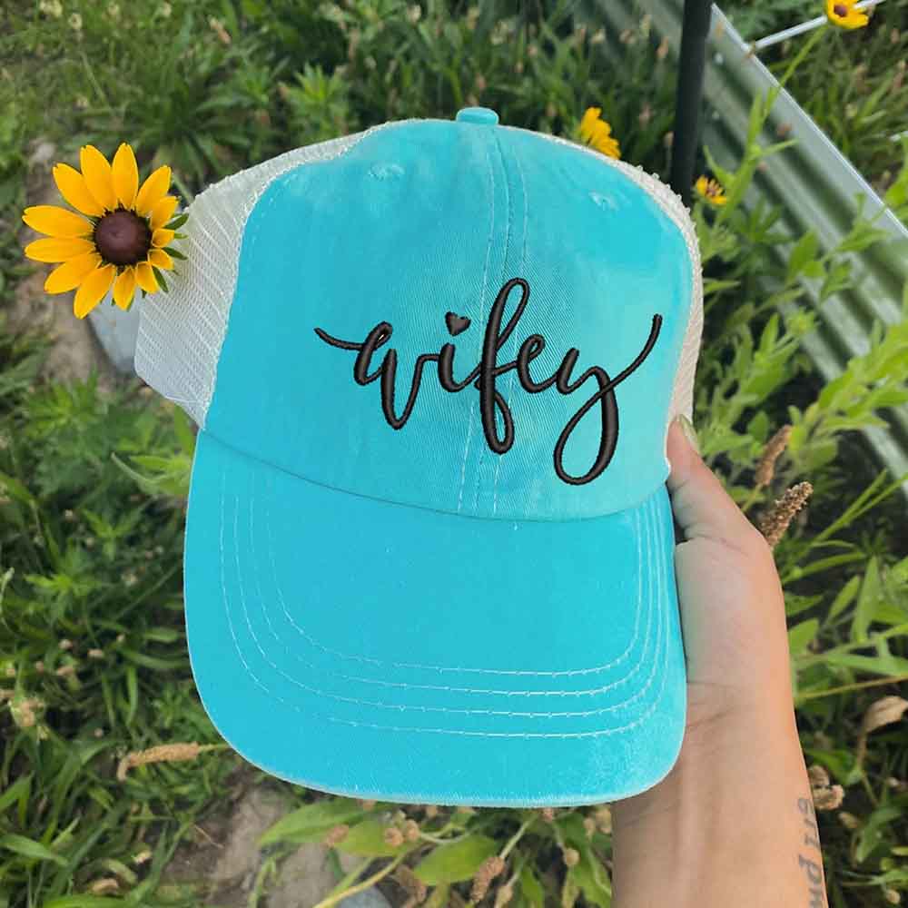 Embroidered Pigment-Dyed Trucker Hat Wifey Hubby Anniversary Gift Cap