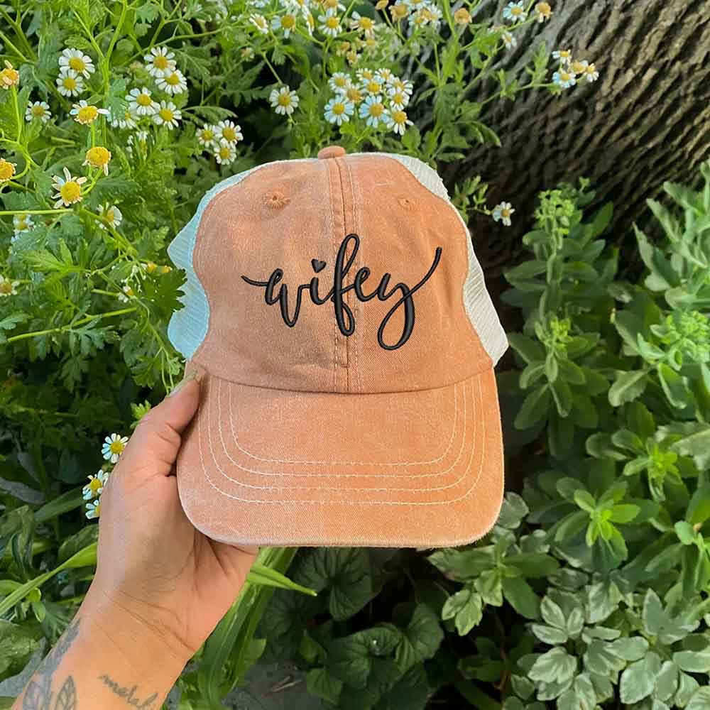 Embroidered Pigment-Dyed Trucker Hat Wifey Hubby Anniversary Gift Cap