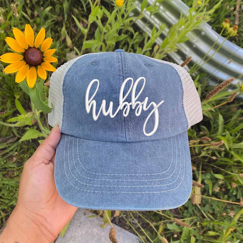Embroidered Pigment-Dyed Trucker Hat Wifey Hubby Anniversary Gift Cap