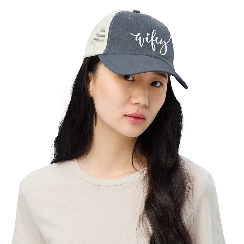 Embroidered Pigment-Dyed Trucker Hat Wifey Hubby Anniversary Gift Cap
