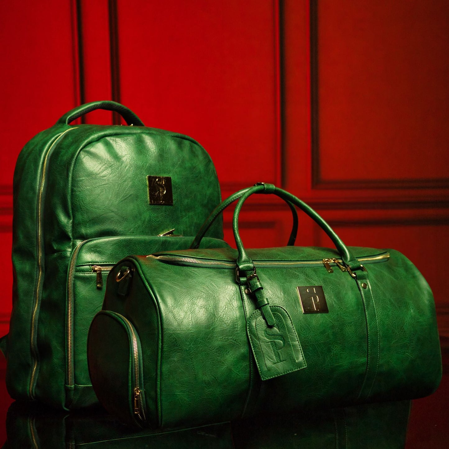Emerald Green Leather Commuter Backpack and Duffle Bag Set