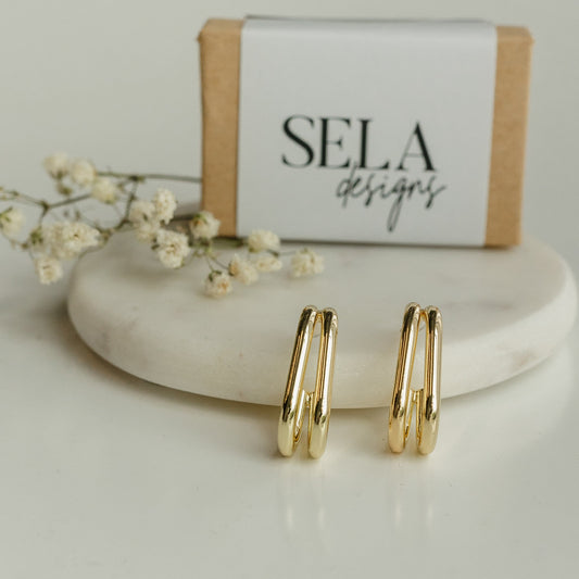 Double Hoop Rectangle Gold Earrings Eva by Sela Designs