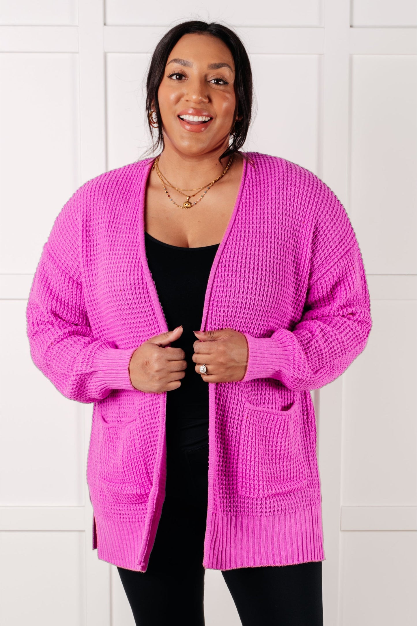 Waffle Knit Bright Mauve Open Front Cardigan Everything Layer