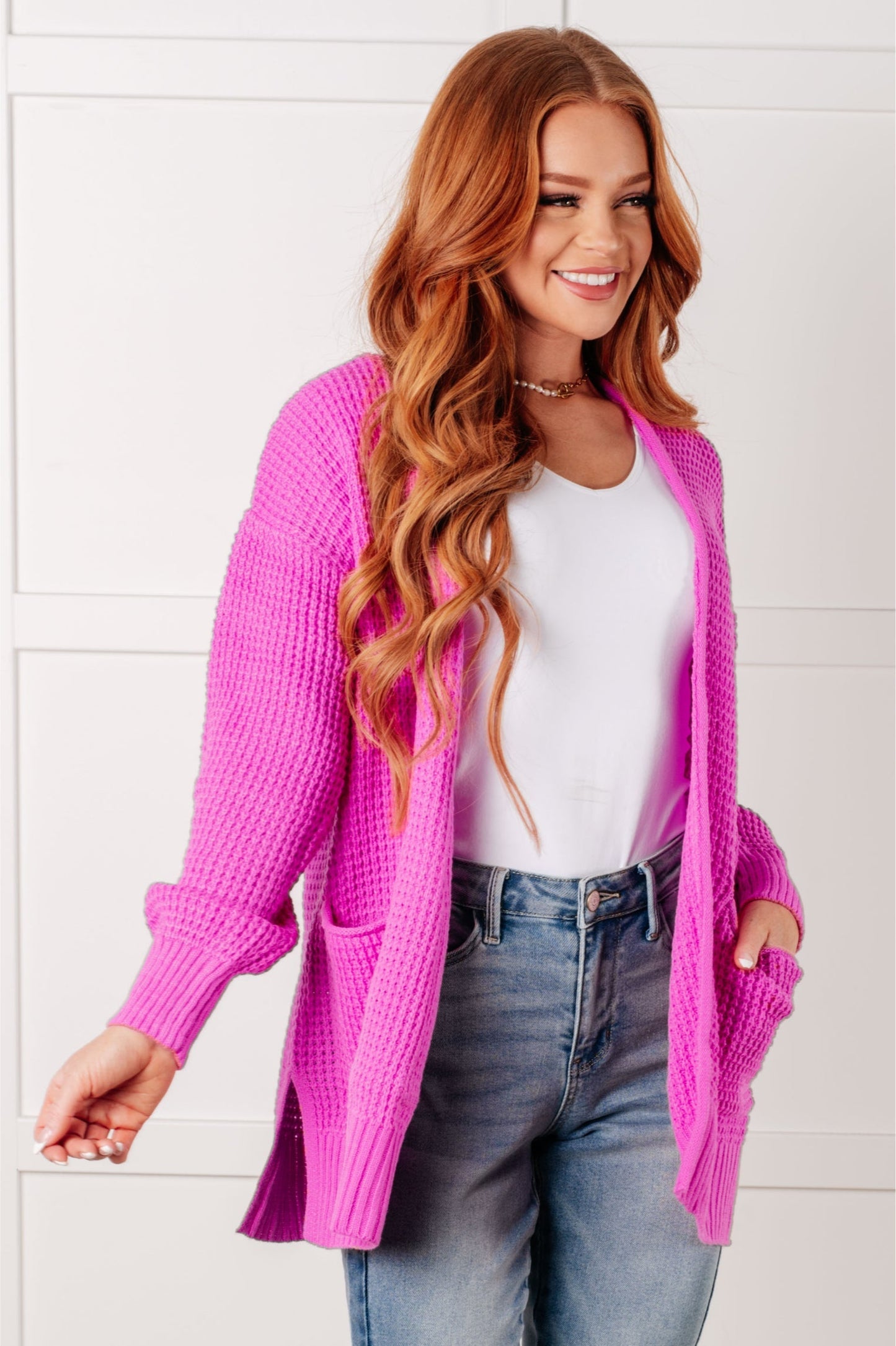 Waffle Knit Bright Mauve Open Front Cardigan Everything Layer