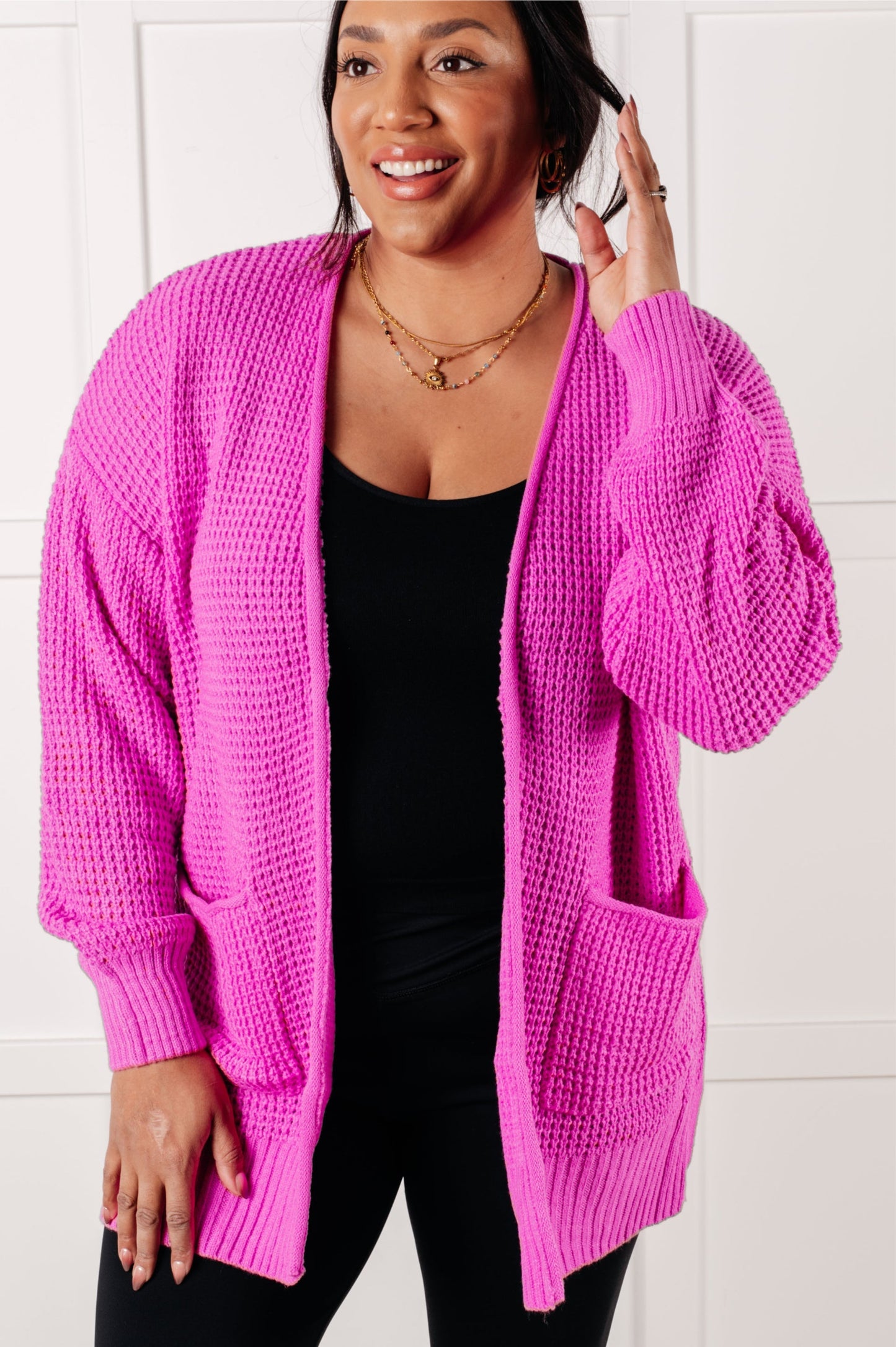 Waffle Knit Bright Mauve Open Front Cardigan Everything Layer