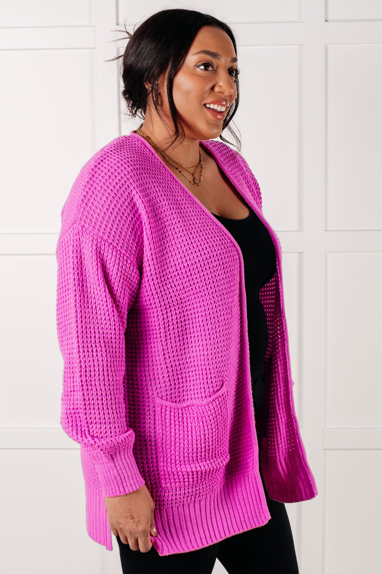 Waffle Knit Bright Mauve Open Front Cardigan Everything Layer