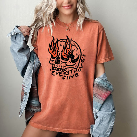 Everything's Fine Skeleton Fire Halloween Funny Aesthetic Meme Shirt Comfort Colors T-Shirt