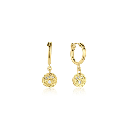14k Gold Filled 15mm Hoops with 9.5mm Gold Vermeil Cubic Zirconia Evil Eye Pendants Evie Hoops