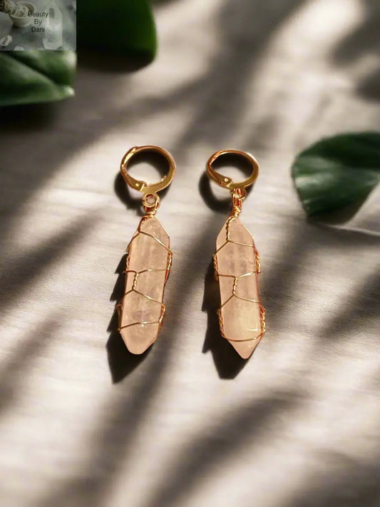Goldtone Wire Wrapped Clear Quartz Healing Earrings
