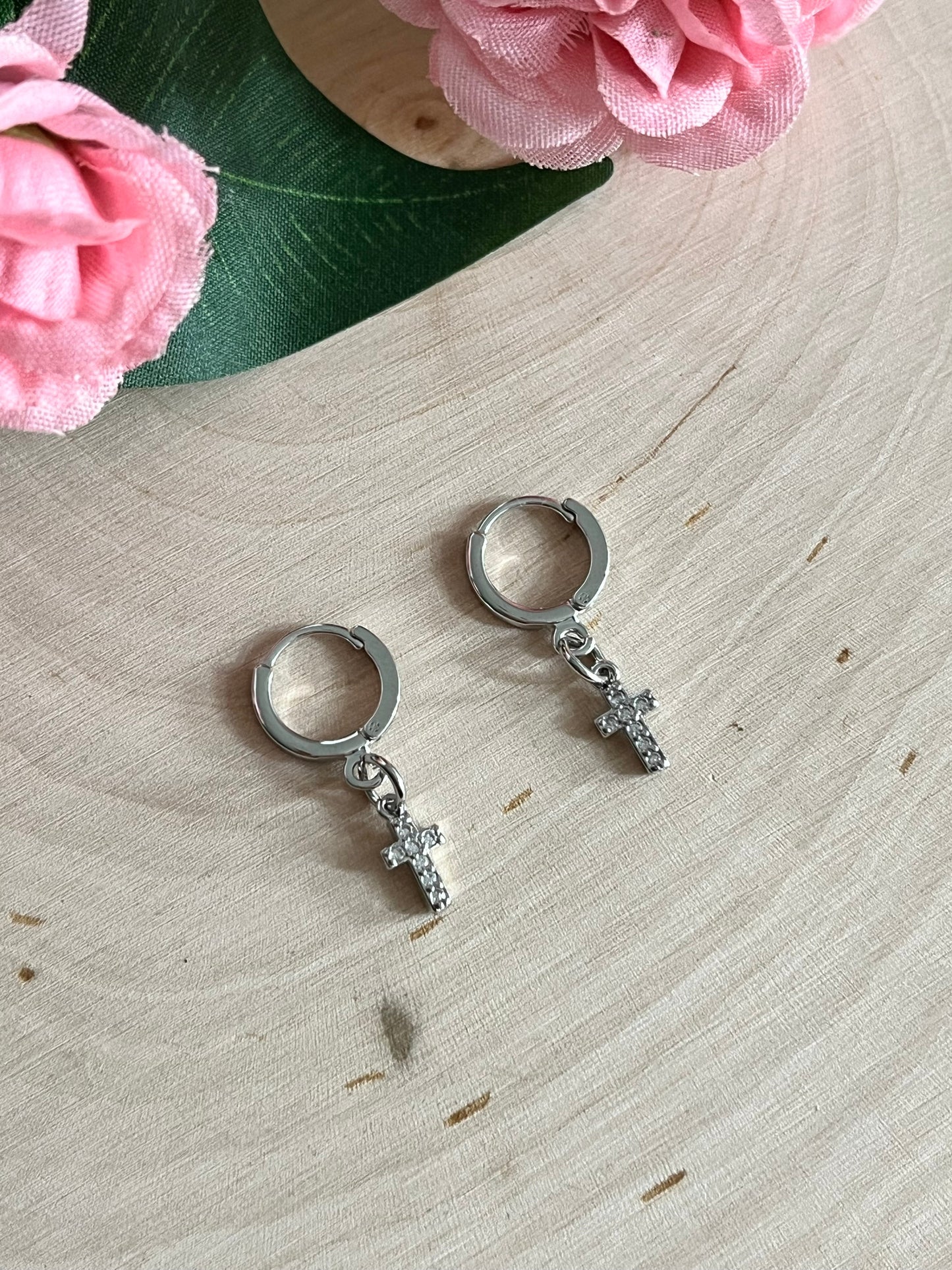 Silver Cross Huggie Earrings